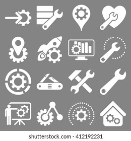 Options and service tools icon set. Vector style is flat symbols, white color, rounded angles, gray background.