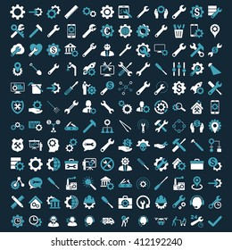Options and service tools icon set with 144 icons. Vector style is flat bicolor symbols, blue and white colors, rounded angles, dark blue background.