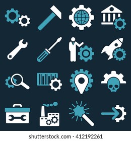 Options and service tools icon set. Vector style is flat bicolor symbols, blue and white colors, rounded angles, dark blue background.
