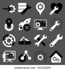 Options and service tools icon set. Vector style is flat bicolor symbols, black and white colors, rounded angles, gray background.