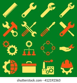 Options and service tools icon set. Vector style is flat bicolor symbols, orange and yellow colors, rounded angles, green background.