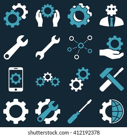 Options and service tools icon set. Vector style is flat bicolor symbols, blue and white colors, rounded angles, dark blue background.