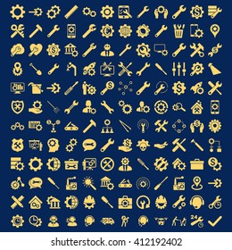 Options and service tools icon set with 144 icons. Vector style is flat symbols, yellow color, rounded angles, blue background.