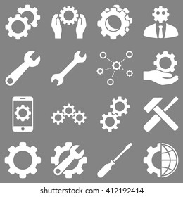 Options and service tools icon set. Vector style is flat symbols, white color, rounded angles, gray background.
