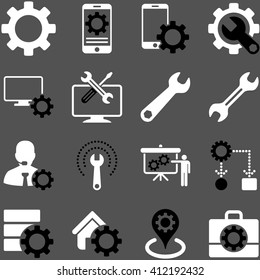 Options and service tools icon set. Vector style is flat bicolor symbols, black and white colors, rounded angles, gray background.