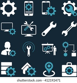 Options and service tools icon set. Vector style is flat bicolor symbols, blue and white colors, rounded angles, dark blue background.