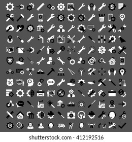 Options and service tools icon set with 144 icons. Vector style is flat bicolor symbols, black and white colors, rounded angles, gray background.