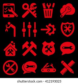 Options and service tools icon set. Vector style is flat symbols, red color, rounded angles, black background.