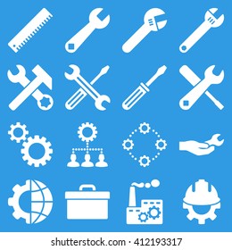 Options and service tools icon set. Vector style is flat symbols, white color, rounded angles, blue background.