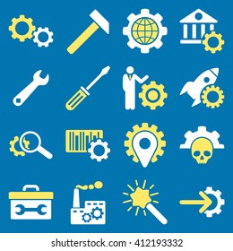 Options and service tools icon set. Vector style is flat bicolor symbols, yellow and white colors, rounded angles, blue background.