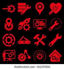 Options and service tools icon set. Vector style is flat symbols, red color, rounded angles, black background.