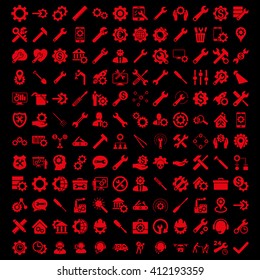 Options and service tools icon set with 144 icons. Vector style is flat symbols, red color, rounded angles, black background.