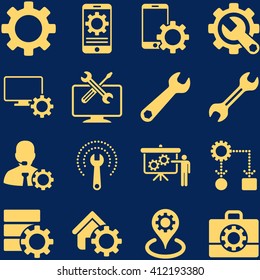 Options and service tools icon set. Vector style is flat symbols, yellow color, rounded angles, blue background.