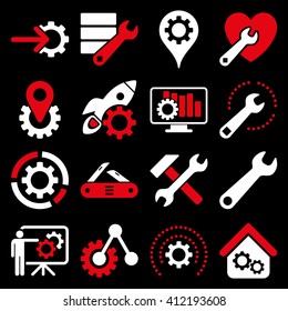 Options and service tools icon set. Vector style is flat bicolor symbols, red and white colors, rounded angles, black background.
