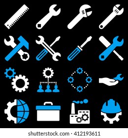 Options and service tools icon set. Vector style is flat bicolor symbols, blue and white colors, rounded angles, black background.