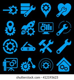 Options and service tools icon set. Vector style is flat symbols, blue color, rounded angles, black background.