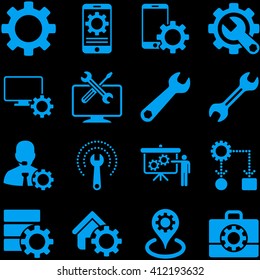 Options and service tools icon set. Vector style is flat symbols, blue color, rounded angles, black background.