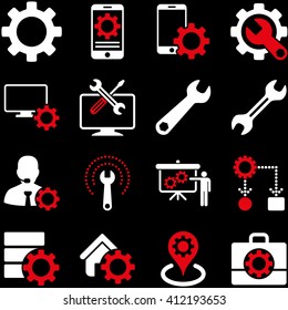 Options and service tools icon set. Vector style is flat bicolor symbols, red and white colors, rounded angles, black background.