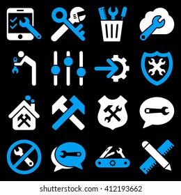 Options and service tools icon set. Vector style is flat bicolor symbols, blue and white colors, rounded angles, black background.