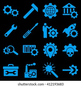 Options and service tools icon set. Vector style is flat symbols, blue color, rounded angles, black background.