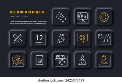 Options set line icon. Gear, pencil, ruler, book, builder, helmet. drawing, hand, boxes. Neomorphism style. Vector line icon for business and advertising