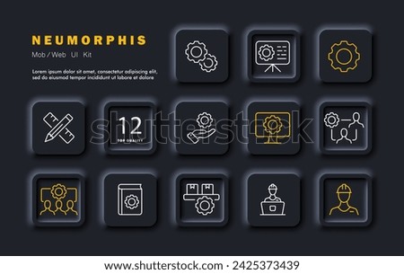 Options set line icon. Gear, pencil, ruler, book, builder, helmet. drawing, hand, boxes. Neomorphism style. Vector line icon for business and advertising