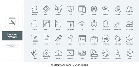 Opciones y Configuraciones, herramientas de edición de programas en la nube para personalizar el proceso de arte Ilustración vectorial delgada de símbolos de contorno negro. Diseño gráfico creativo, conjunto de iconos de línea de creación de proyectos digitales.