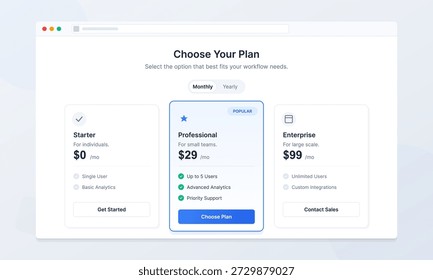Opciones para Planes de suscripción. El Plan inicial es gratis, el Plan profesional cuesta 29 dólares para los Pequeños Equipos, y el Plan de Empresa es de 99 dólares para los Grandes grupos.