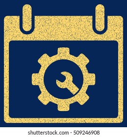 Options Tools Calendar Day grainy textured icon for overlay watermark stamps. Flat symbol with unclean texture. Dotted vector yellow ink rubber seal stamp with grunge design on a blue background.