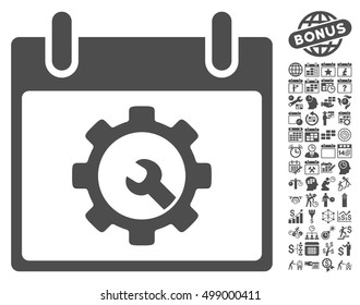Options Tools Calendar Day icon with bonus calendar and time management symbols. Vector illustration style is flat iconic symbols, gray, white background.