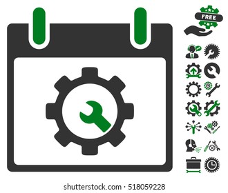 Options Tools Calendar Day icon with bonus settings clip art. Vector illustration style is flat iconic symbols, green and gray, white background.