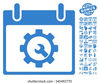 Options Tools Calendar Day icon with bonus calendar and time management pictures. Vector illustration style is flat iconic symbols, cobalt, white background.