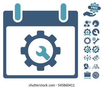 Options Tools Calendar Day icon with bonus setup tools pictograms. Vector illustration style is flat iconic symbols, cyan and blue, white background.