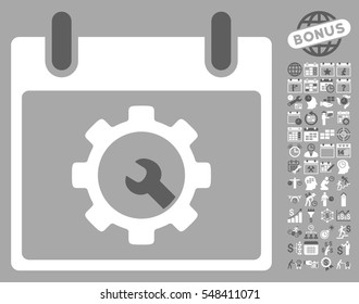 Options Tools Calendar Day icon with bonus calendar and time management pictograph collection. Vector illustration style is flat iconic symbols, dark gray and white, silver background.