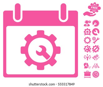 Options Tools Calendar Day icon with bonus setup tools pictograms. Vector illustration style is flat iconic symbols, pink, white background.