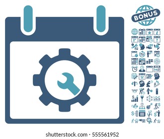 Options Tools Calendar Day icon with bonus calendar and time management images. Vector illustration style is flat iconic symbols, cyan and blue, white background.