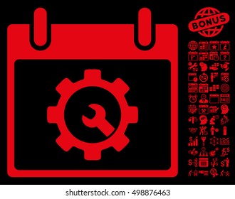 Options Tools Calendar Day pictograph with bonus calendar and time management clip art. Vector illustration style is flat iconic symbols, red, black background.