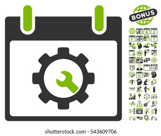 Options Tools Calendar Day pictograph with bonus calendar and time management images. Vector illustration style is flat iconic symbols, eco green and gray, white background.