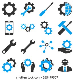 Options And Tools Icon Set. These Bicolor Icons Use Modern Corporate Light Blue And Gray Colors, White Color Is Not Used In The Symbols.