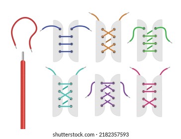 Opciones para atar cordones en zapatos deportivos y zapatillas de deporte, ilustraciones vectoriales realistas aisladas en fondo blanco. Calzado de moda y colorido.