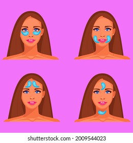 Options for using hydrogel patches for the eyes. Cosmetic collagen patches for the eyes. Blue eye patches for beauty and skin care on four portraits of a girl. Portrait of a woman.