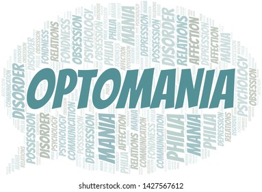 Optomania word cloud. Type of mania, made with text only.