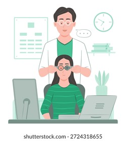Optometrista que ajusta el marco de la Prueba para probar la vista del paciente durante un examen ocular en una clínica de oftalmología antes de recetar anteojos Nuevos