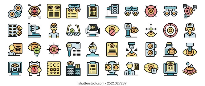 Optometrist checking patient eyesight with modern equipment icons set. Editable stroke