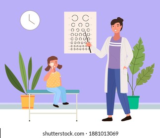 The optometrist checks eyesight of a little girl. The patient looks at the table for a vision test. Table for testing visual acuity in the ophthalmologist's office. Girl at the appointment with doctor