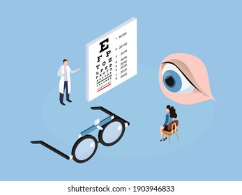 Optometrist clinic 3D isometric vector concept for banner, website, illustration, landing page, flyer, etc