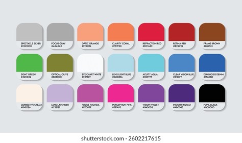 Optometrist Color Guide Palette with Color Names. Catalog Sample of Optometrist with RGB HEX codes and Names. Optometrist Color Palette, cloth, metal, plastic, fashion trend Optometrist Color Palette