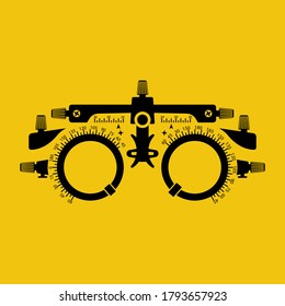 Optometrist flat black silhouette icon. Eye test frame. Vision test. Check Eyesight. Diopter with scale of measurement. Examination of the eyes. Professional glasses. Vector cartoon flat design.
