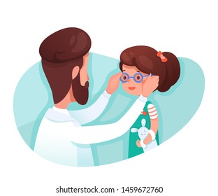 Optometrist giving girl glasses flat illustration. Little kid and optician choosing glasses cartoon characters. Eye sight and vision therapy isolated clip art. Ophthalmology clinic visiting