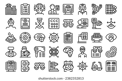 Los iconos optometristas establecen el vector de contorno. Glass eye kids. Comprobar la prueba de visión